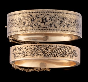 VICTORIAN / ANTIQUE GOLD-FILLED / -PLATED AND ENAMEL CUFF BRACELETS, LOT OF TWO