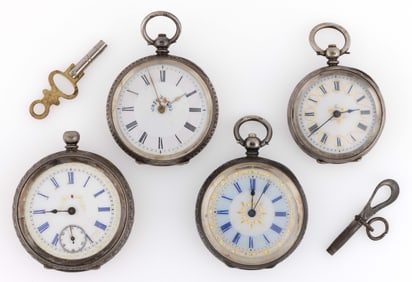 SWISS 0.935 SILVER-CASED KEY-WIND FANCY DIAL POCKET WATCHES, LOT OF FOUR