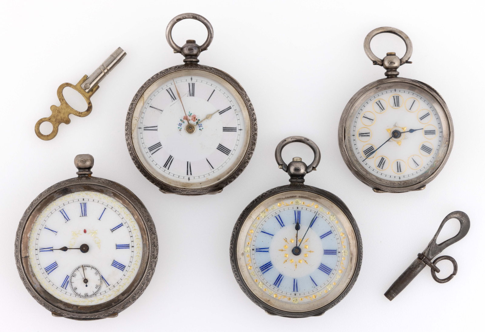 SWISS 0.935 SILVER-CASED KEY-WIND FANCY DIAL POCKET WATCHES, LOT OF FOUR (1 of 4)