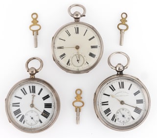 BRITISH VICTORIAN STERLING SILVER-CASED KEY-WIND POCKET WATCHES, LOT OF THREE