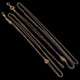 VICTORIAN / ANTIQUE GOLD AND OTHER WATCH NECKLACE CHAINS WITH FIGURAL HANDS, LOT OF TWO