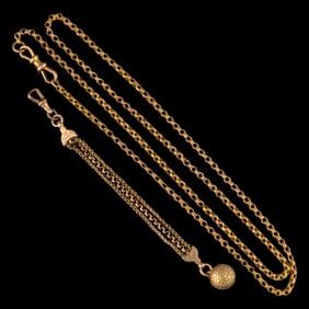 VICTORIAN / ANTIQUE 9K AND 10K YELLOW GOLD WATCH CHAINS, LOT OF TWO