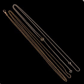 ANTIQUE / VINTAGE 10K-14K YELLOW GOLD AND OTHER WATCH / LORGNETTE NECKLACE CHAINS, LOT OF TWO
