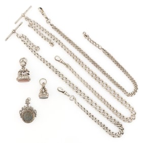 BRITISH VICTORIAN / ANTIQUE STERLING SILVER, AND POSSIBLY OTHER, WATCH CHAINS AND FOBS / PENDANTS,