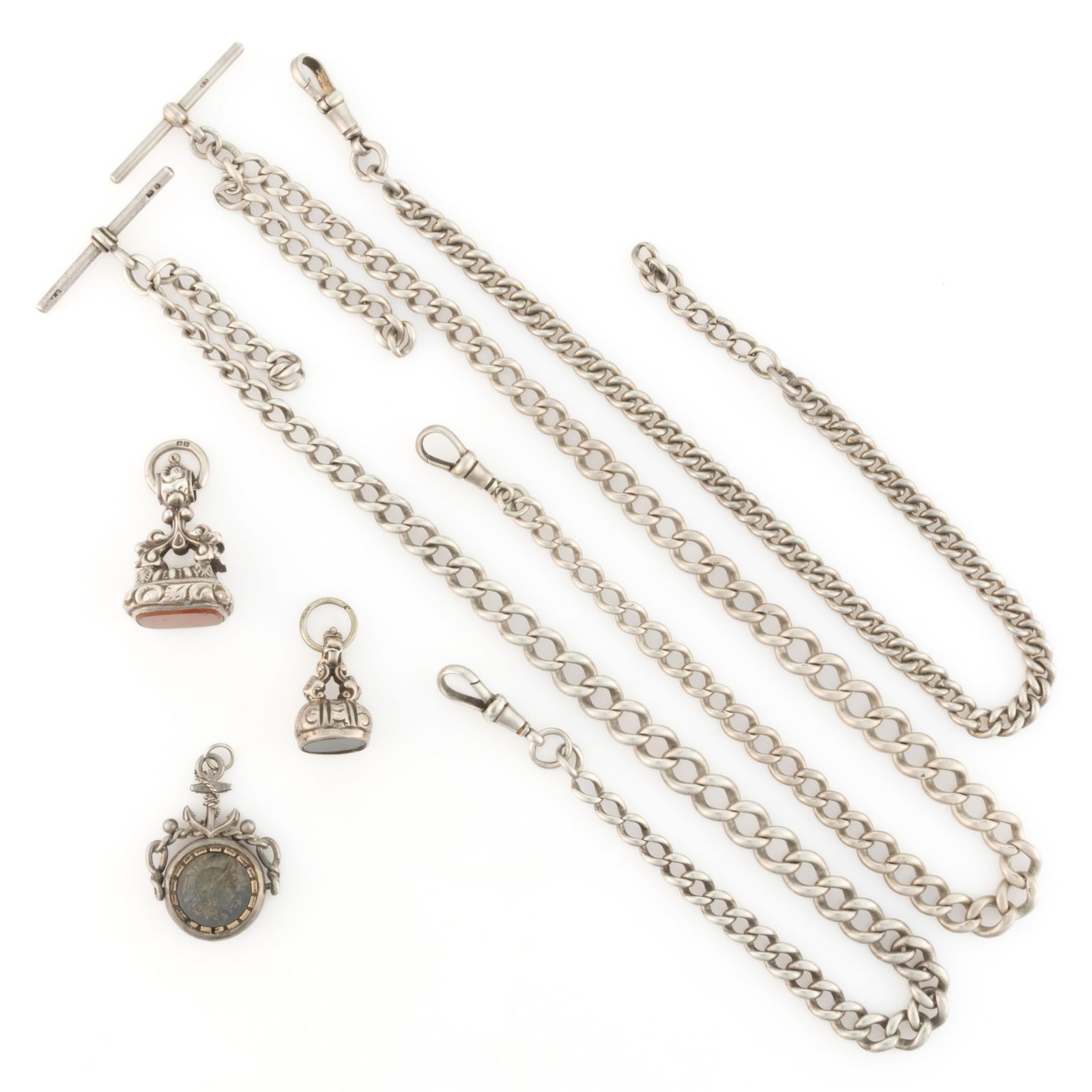 BRITISH VICTORIAN / ANTIQUE STERLING SILVER, AND POSSIBLY OTHER, WATCH CHAINS AND FOBS / PENDANTS, (1 of 2)