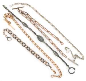 ANTIQUE / VINTAGE GOLD-FILLED AND OTHER WATCH CHAINS AND BRACELET, LOT OF FIVE