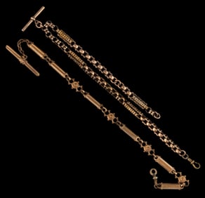 VICTORIAN / ANTIQUE GOLD-FILLED FANCY-LINK WATCH CHAIN, LOT OF TWO