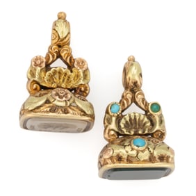 VICTORIAN / ANTIQUE 14K TWO-TONED GOLD AND STONE WATCH FOBS / PENDANTS, LOT OF TWO