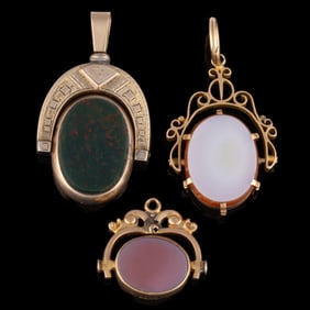 VICTORIAN / ANTIQUE 9K AND 14K YELLOW GOLD AND STONE SWIVEL WATCH FOBS / PENDANTS, LOT OF THREE