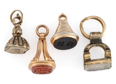 ANTIQUE / VINTAGE 10K AND 14K GOLD AND OTHER WITH STONE WATCH FOBS / PENDANTS, LOT OF FOUR
