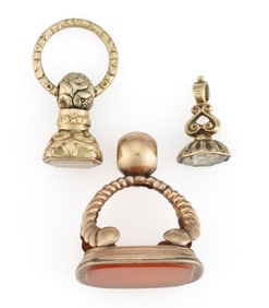 VICTORIAN / ANTIQUE 10K GOLD / GOLD-FILLED AND STONE WATCH FOBS / PENDANTS, LOT OF THREE