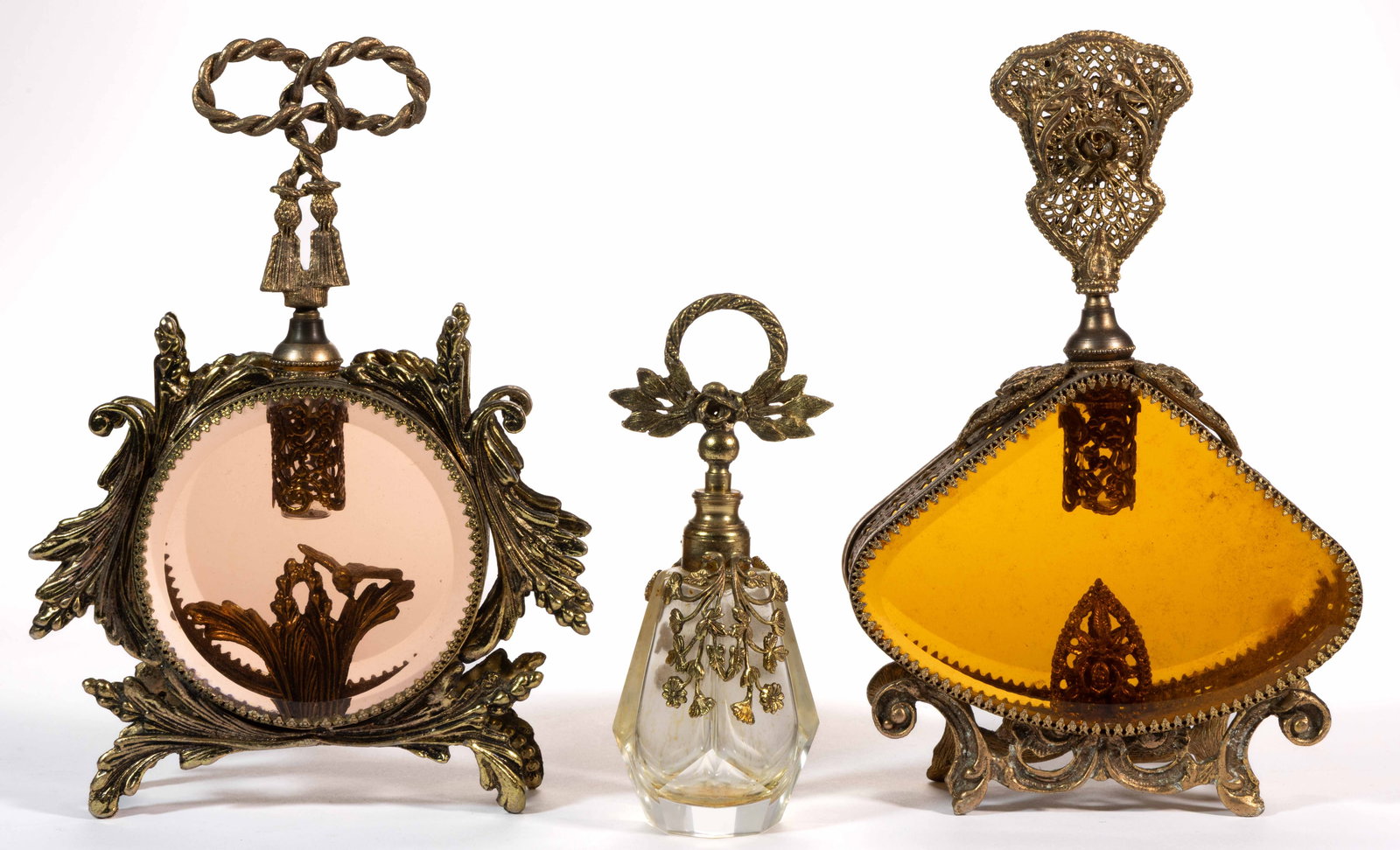 FILIGREE GILT-METAL AND GLASS PERFUME BOTTLES, LOT OF THREE (1 of 2)