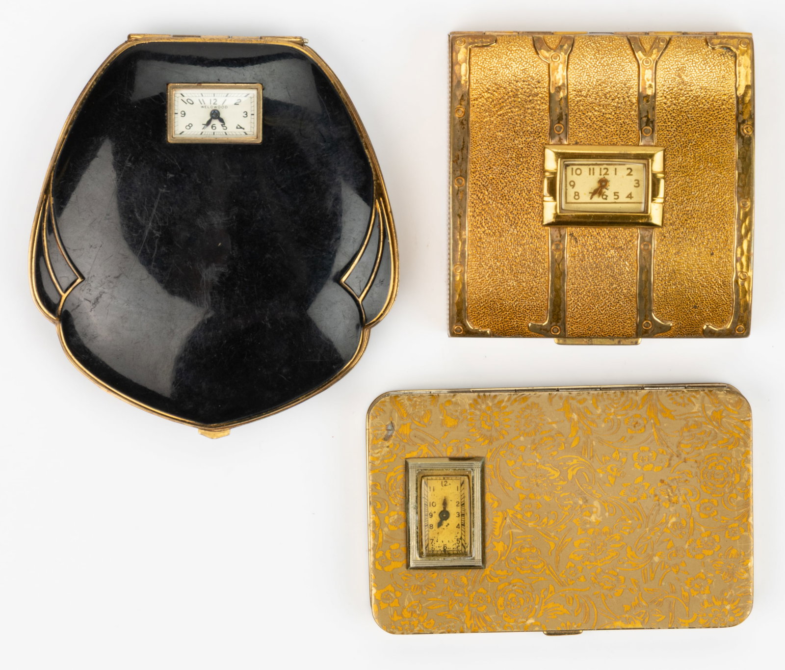 VINTAGE EVANS AND ILLINOIS WATCH / CLOCK LADY'S COMPACTS, LOT OF THREE (1 of 2)