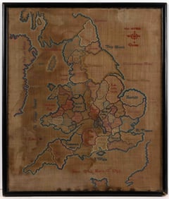 BRITISH GEORGIAN NEEDLEWORK MAP OF ENGLAND AND WALES
