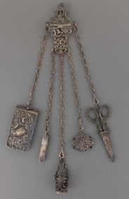 WILLIAM COMYNS & SONS, ENGLISH VICTORIAN STERLING SILVER CHATELAINE WITH APPENDAGES