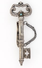 VICTORIAN SILVER-LIKE FIGURAL KNITTER'S CHATELAINE WITH NEEDLE CASE