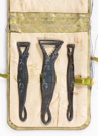 SIMON BROTHERS STERLING SILVER FIGURAL ALLIGATOR NEEDLEWORKING / SEWING BODKINS, THREE PIECE SET