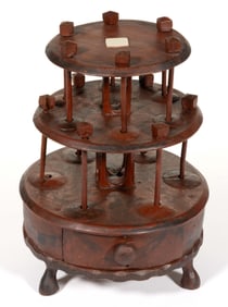 FOLK-ART CARVED AND PAINTED WOODEN TWO-TIER NEEDLEWORKING / SEWING SPOOL STAND