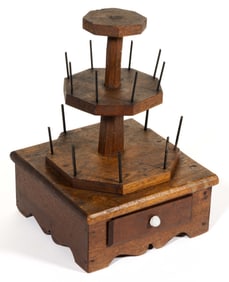 FOLK-ART CARVED WOODEN TWO-TIER NEEDLEWORKING / SEWING SPOOL STAND
