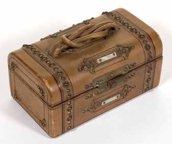 VICTORIAN LEATHER-COVERED FIGURAL TRUNK NEEDLEWORKING / SEWING WORK BOX / CASE
