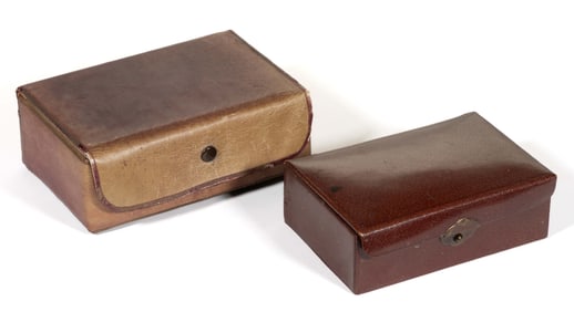 ASSORTED LEATHER COVERED NEEDLEWORKING / SEWING BOXES, LOT OF TWO