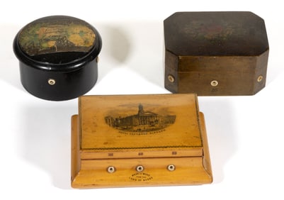 ASSORTED DECORATED NEEDLEWORKING / SEWING SPOOL / THREAD BOXES, LOT OF THREE