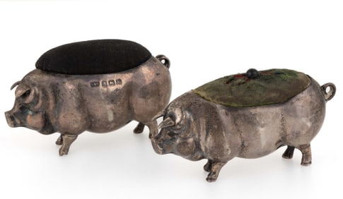 LEVI & SALAMAN, ENGLISH STERLING SILVER FIGURAL PIG PINCUSHIONS, LOT OF TWO