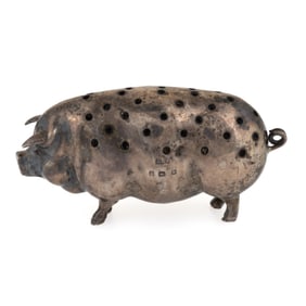 LEVI & SALAMAN, ENGLISH EDWARDIAN STERLING SILVER FIGURAL PIG NEEDLEWORKING / SEWING PIN HOLDER