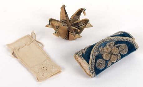 ASSORTED FABRIC NEEDLEWORKING / SEWING PINCUSHIONS AND NEEDLE CASES, LOT OF THREE