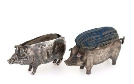 ENGLISH STERLING SILVER FIGURAL PIG PINCUSHIONS, LOT OF TWO