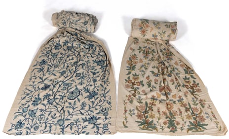 ASSORTED VINTAGE INDIAN CREWEL HAND-EMBROIDERED JACOBEAN FABRIC ROLLS, LOT OF TWO
