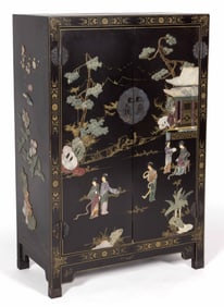 ASIAN-STYLE LACQUERED AND STONE-MOUNTED CABINET