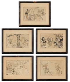 JAPANESE COMIC WOODBLOCK PRINTS, LOT OF FIVE