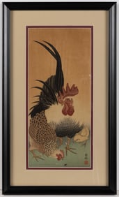 OHARA KOSON (JAPANESE, 1877-1945) ROOSTER, HEN, AND CHICK, WOODBLOCK PRINT