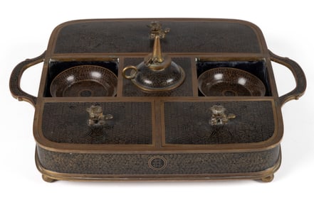 CHINESE BRONZE AND CLOISONNE ENAMELED OPIUM TRAY / CADDY