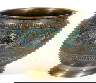JAPANESE MEIJI PERIOD BRONZE AND CLOISONNE ENAMELED JARDINIERE / PLANTER