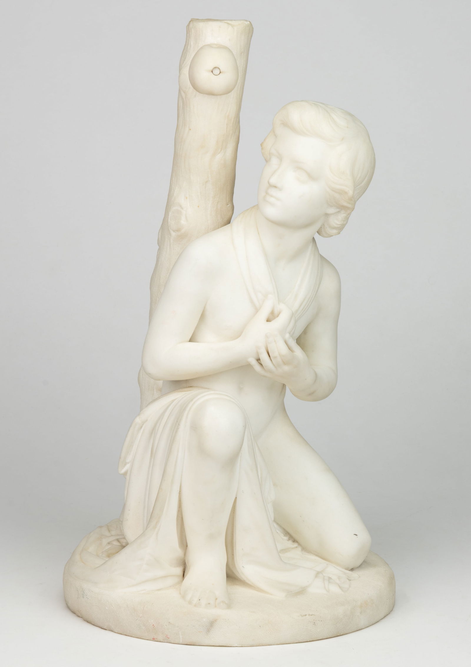 PASQUALE ROMANELLI (ITALIAN, 1812-1887), ATTRIBUTED, CARVED MARBLE "THE FORBIDDEN FRUIT" SCULPTURE /