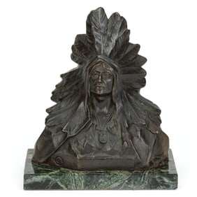 JULES ANDRE MELIODON (FRENCH, 1867-1938) BRONZE STATUE OF A NATIVE AMERICAN CHIEF