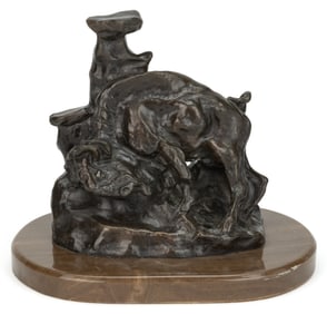 AFTER CHARLES MARION RUSSELL (AMERICAN, 1864-1926) "BUFFALO RUBBING ROCK" BRONZE STATUE
