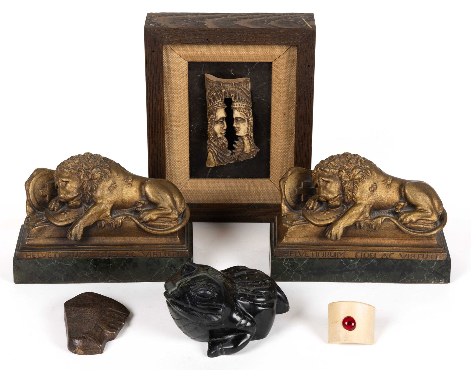 DONALD "DON" WESLEY LANHAM (LOUISVILLE, KENTUCKY, 1926-2003) CARVINGS AND OTHER DECORATIVE ARTICLES,: DONALD "DON" WESLEY LANHAM (LOUISVILLE, KENTUCKY, 1926-2003) CARVINGS AND OTHER DECORATIVE ARTICLES, LOT OF SIX, comprising a carved bone work titled "Facing - King & Queen" wh