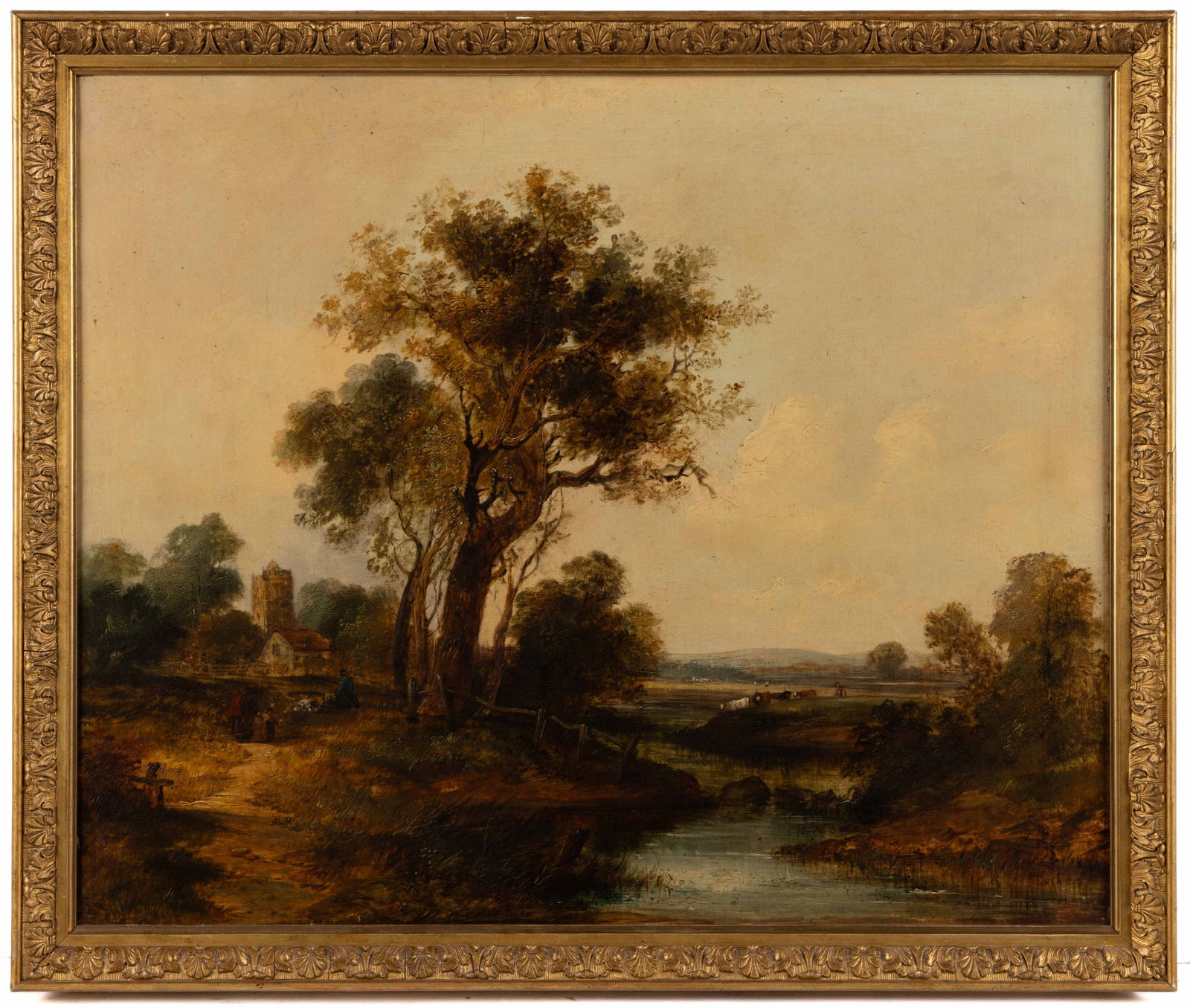 BRITISH SCHOOL (19TH CENTURY) LANDSCAPE PAINTING: BRITISH SCHOOL (19TH CENTURY) LANDSCAPE PAINTING, oil on canvas, depicting a broad English landscape with a large tree in the foreground with livestock and figures beyond, and a church in the far left