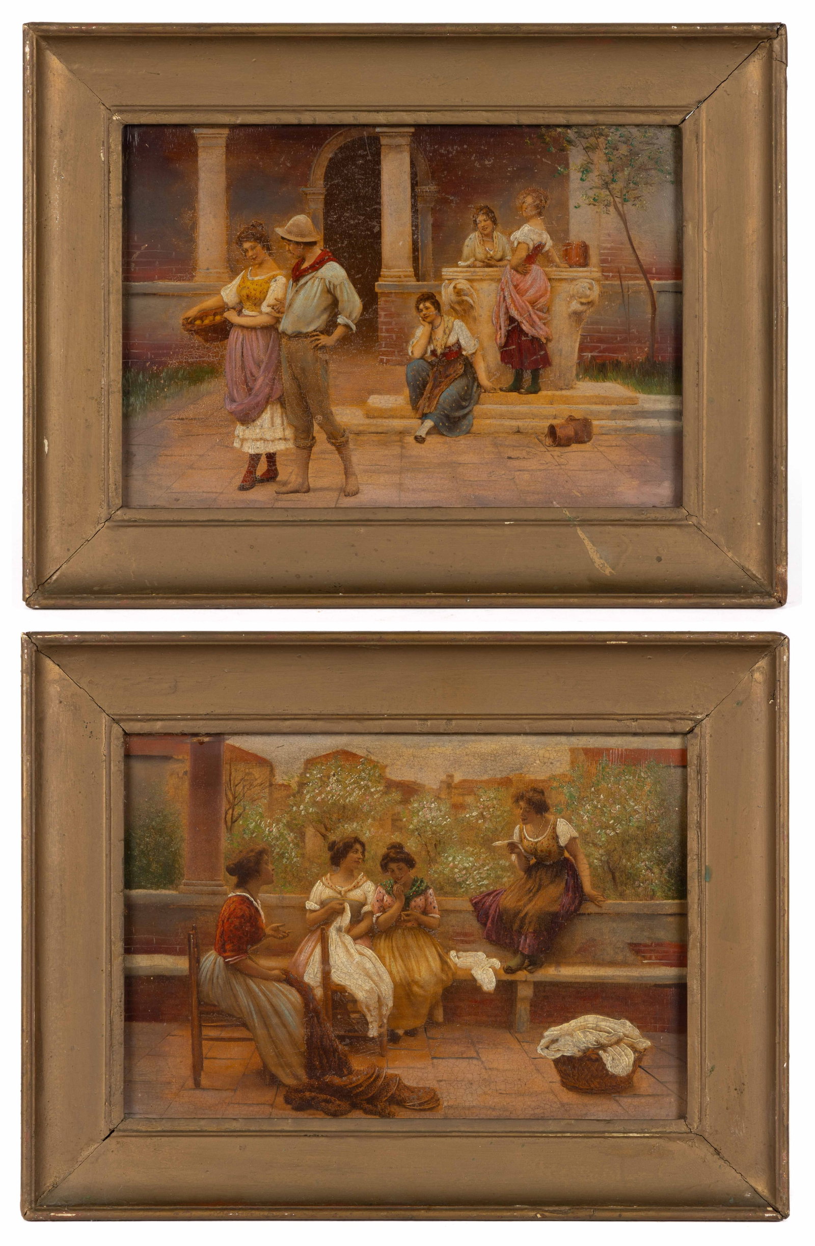 PAIR OF CONTINENTAL SCHOOL (19TH CENTURY) COURTSHIP GENRE SCENES: PAIR OF CONTINENTAL SCHOOL (19TH CENTURY) COURTSHIP GENRE SCENES, oil on mahogany panel, each a finely delineated composition packed with narrative detail, one featuring a young man flirting with