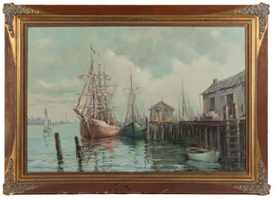 ANTONIOS L. KARAFYLLAKIS (GREEK-AMERICAN, 1908-1983) HARBOR SCENE MARINE PAINTING