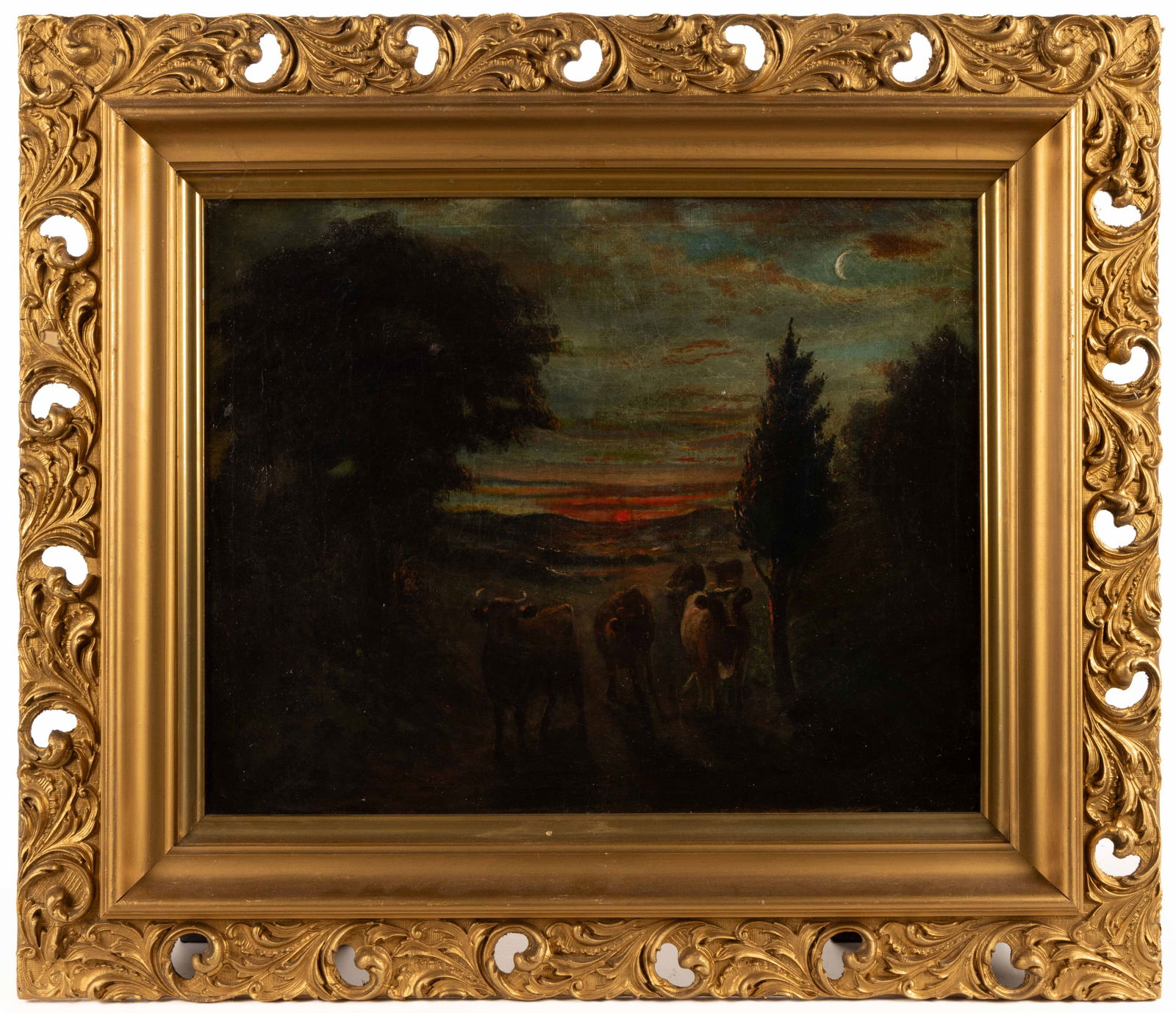 AMERICAN OR BRITISH SCHOOL (19TH CENTURY) PAINTING OF COWS: AMERICAN OR BRITISH SCHOOL (19TH CENTURY) PAINTING OF COWS, oil on canvas, depicting a pasture at dusk with cows trapsing through a shadowy field, the moon shows upper right of the composition. Signed