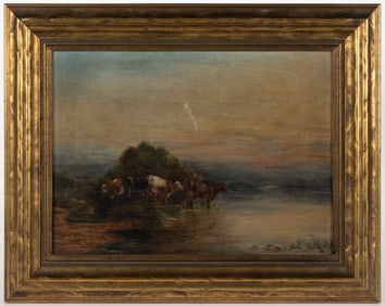 BRITISH SCHOOL (19TH CENTURY) LANDSCAPE PAINTING FEATURING COWS