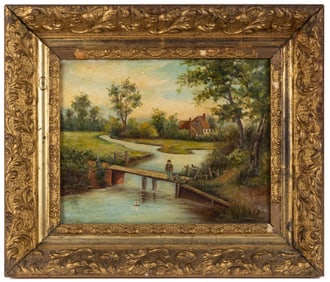 AMERICAN OR BRITISH SCHOOL (19TH CENTURY) LANDSCAPE PAINTING WITH FIGURES