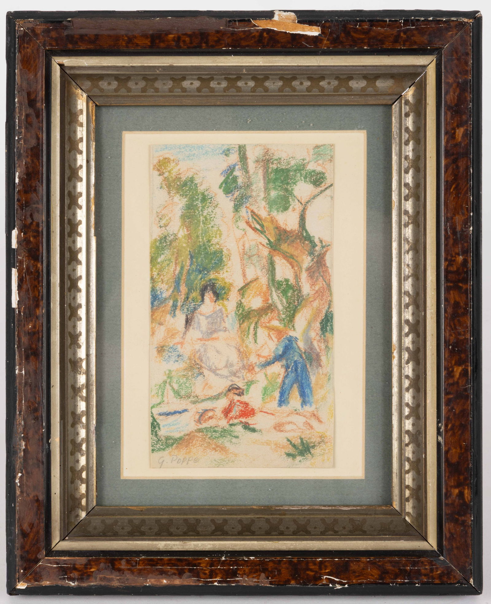 GEORG POPPE (GERMAN, 1883-1963) GENRE DRAWING: GEORG POPPE (GERMAN, 1883-1963) GENRE DRAWING, oil pastel on paper, a vibrant color story and loose gestural mark making depict three figures immersed in sprawling foliage. Signed lower