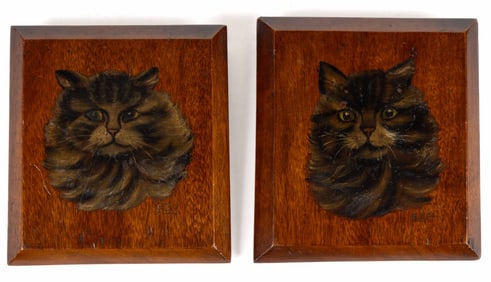 SIGNED OIL ON WOOD DIMINUTIVE CAT PAINTING PORTRAITS, PAIR