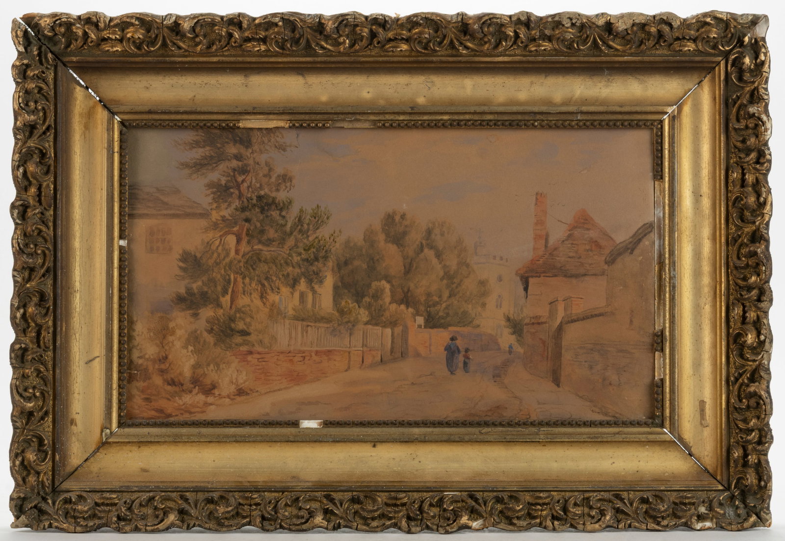AMERICAN OR EUROPEAN SCHOOL (19TH CENTURY) VILLAGE SCENE PAINTING: AMERICAN OR EUROPEAN SCHOOL (19TH CENTURY) VILLAGE SCENE PAINTING, watercolor on paper, depicting an adult and small child meandering through a picturesque village street, label verso r