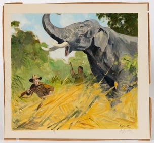 DOUGLAS ALLEN (AMERICAN, 1935-2021) ELEPHANT HUNTING STUDY FOR OUTDOOR LIFE MAGAZINE